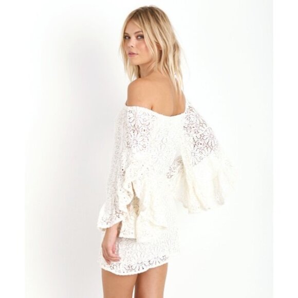 Jen’s Pirate Booty Pink French Lace Bell Sleeve Off Shoulder Mini Dress | Boho S - Picture 6 of 16